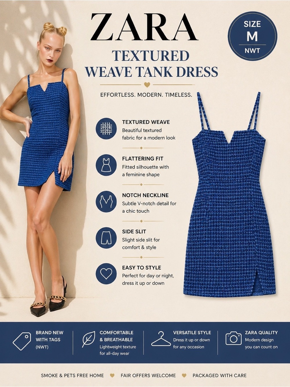ZARA Royal Blue Textured Weave Tank Dress Size M NWT Mini Slip Dress Side Slit